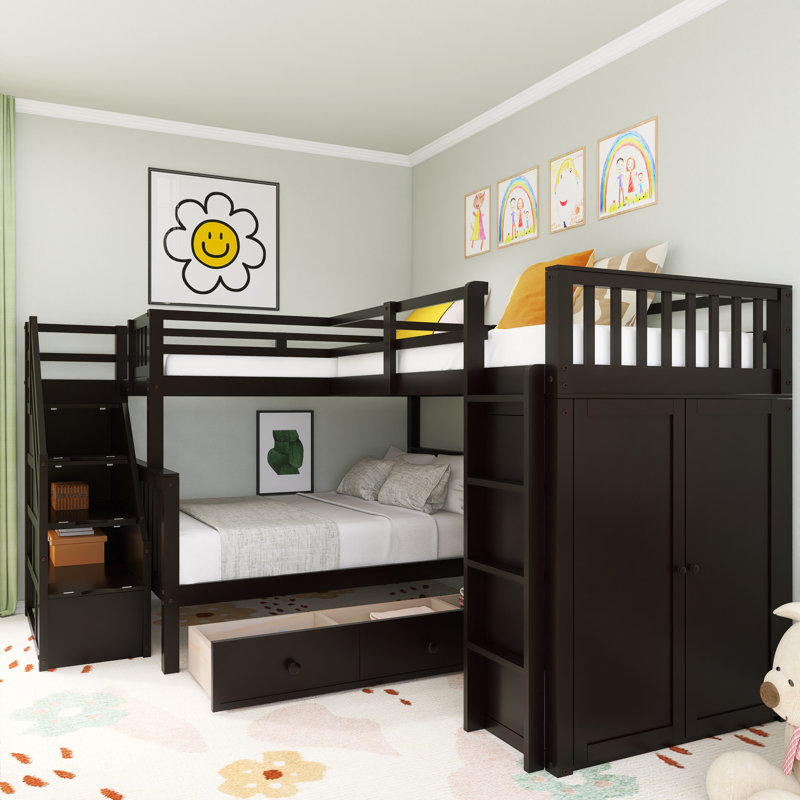 Imelida Solid Wood L-Shaped Bunk Beds with 3 Drawers and Wardrobe by Harriet Bee, Black