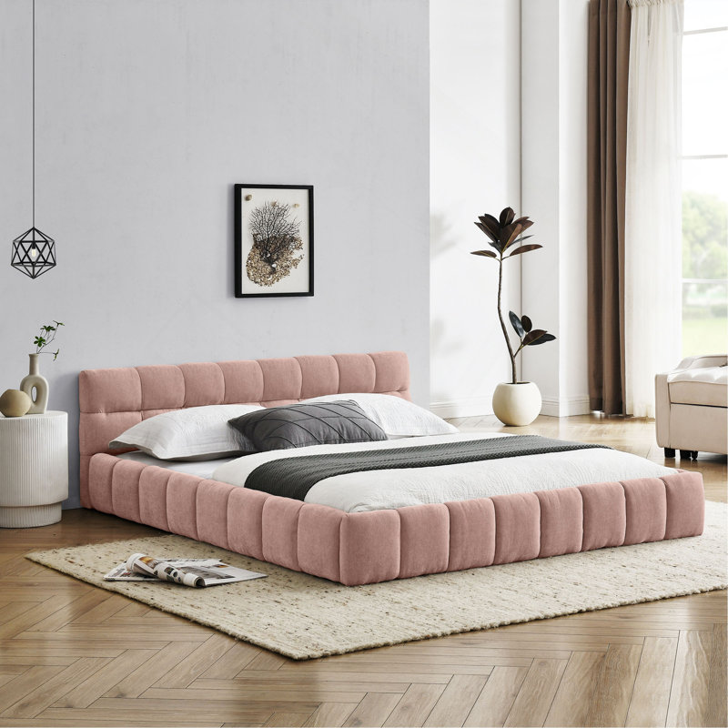 Structure de lit tapissier avec tissu épais, lit plateforme en chenille avec tête de lit et structure solide. Aucun sommier tapissier requis