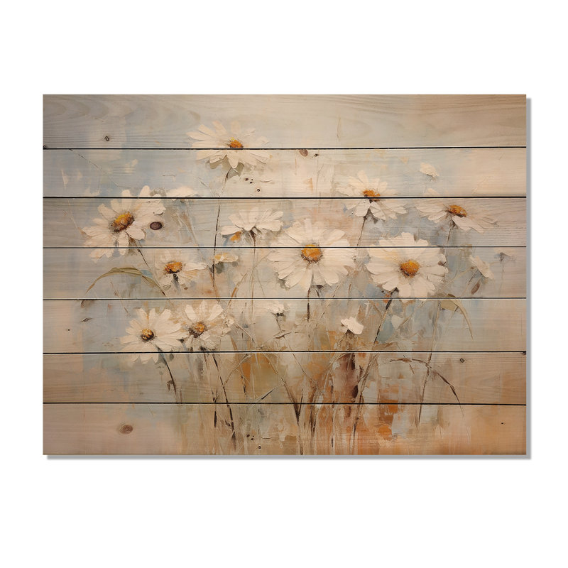 «White Daisy Fields Elegance» - marguerites en bois, art mural sur bois de pin naturel, H 30 po x l 40 po