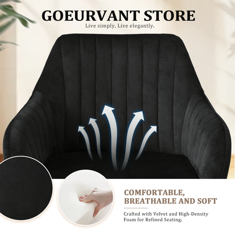 49.5cm H Upholstered Dining Chairs With Wooden Legs, Black Velvet/Black, 2