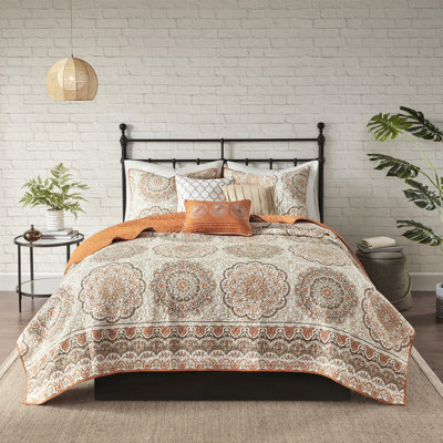 Literie florale orange avec courtepointe et coussins, chambre en tissu de microfibre réversible 6 pièces en orange, motif taupe, doux, 3 coussins inclus