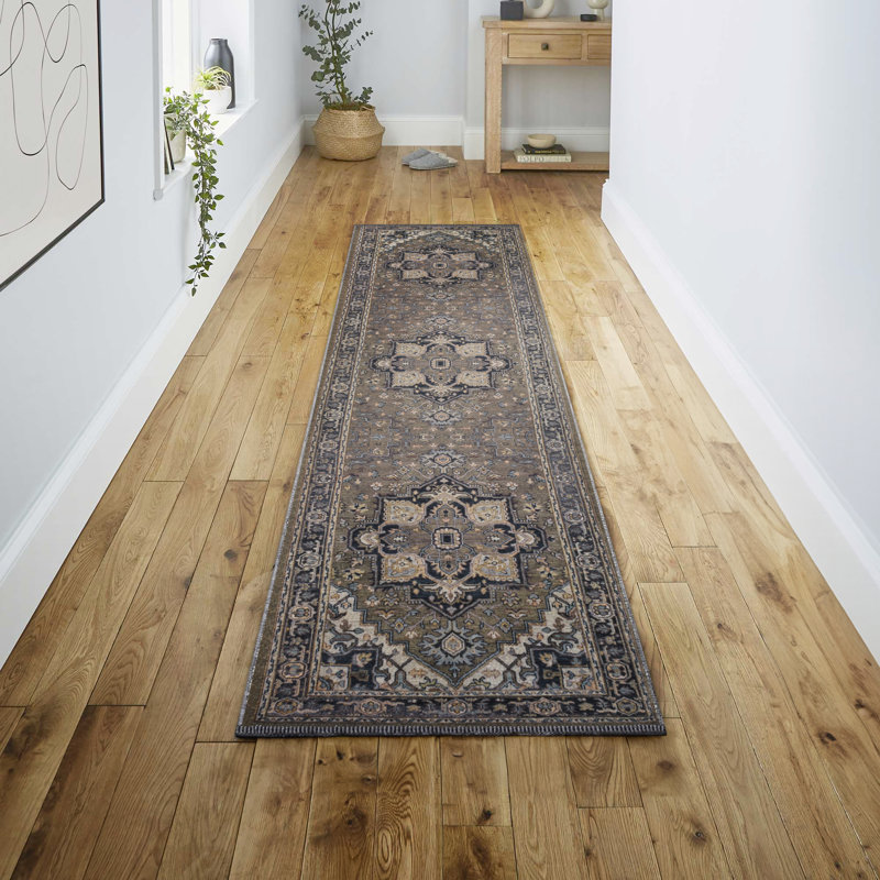 Tapis vert / bleu marine / crème Sarok Ornate, Tapis de couloir 2 pi x 8 pi