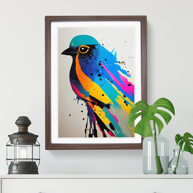 Bird Paint Drips No.5 - Print, White, 64cm H x 46cm W x 2cm D, Walnut