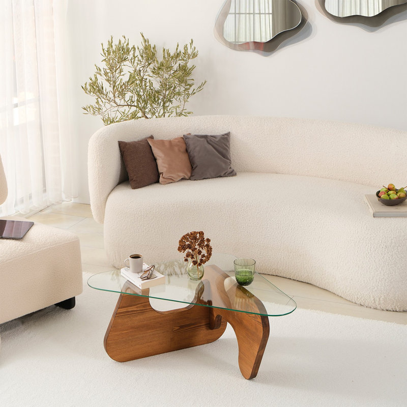 Modern Coffee Table, Chesnut Color, 33.9 x 14.2 x 25.9 Inches | 100% Tempered Glass Top & 100% Pine Solid Wood Frame | Stylish & Durable Design for Living Room, Elegant Centerpiece for Any Space