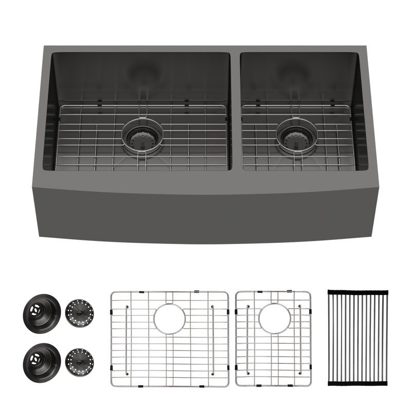 36 Inch Gunmetal Black 16 Gauge Stainless Steel Double Bowl 60/40 Farm Kitchen Sink Basin, Gunmetal Black