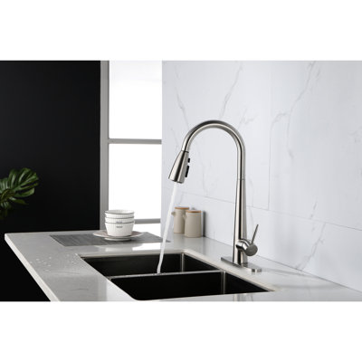 Stainless Steel Single Handle Kitchen Sink Faucet With Pull Down , Brushed Nickel Finish, 360 Rotating High Spout, Three Water Output Patterns For Different Needs, Lever Easy Adjustment, Corrosion