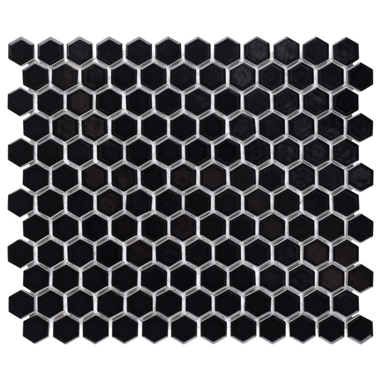 Metro 1" Hex Glossy Black 10-1/4 in. x 11-7/8 in. Porcelain Mosaic Floor and Wall Tile