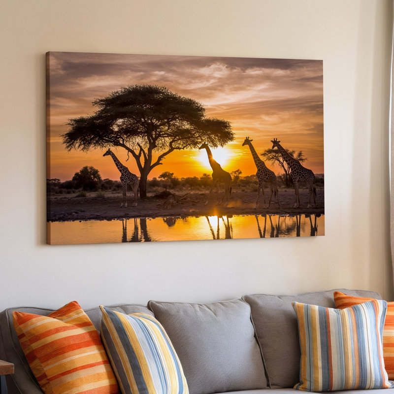 Toile, "Un paysage africain serein au coucher du soleil", H 20 po x l 20 po