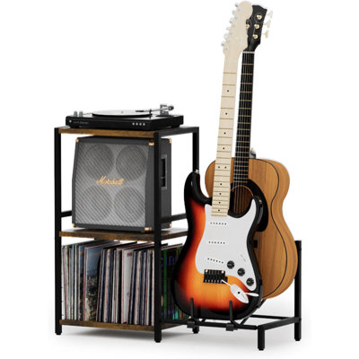 Support de rangement pour disques vinyle, support de guitare à 2 niveaux pour acoustique, support de tourne-disque pour studio de musique - brun