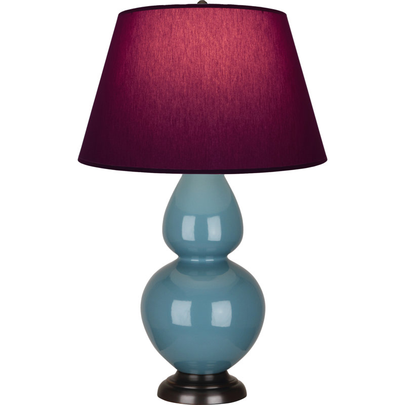 Lampe de table double gourde en céramique, Bleu acier émaillé / bronze, Prune / lavande, Bronze