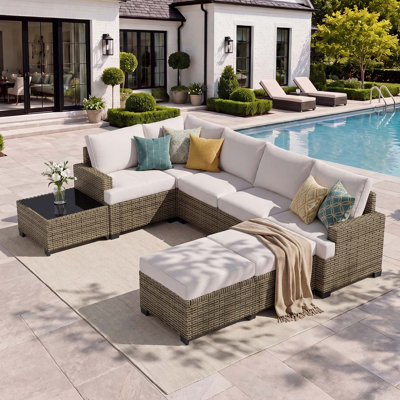 8-Piece Modular Patio Conversation Set with PE Wicker, 4" Beige Cushions & Coffee Table