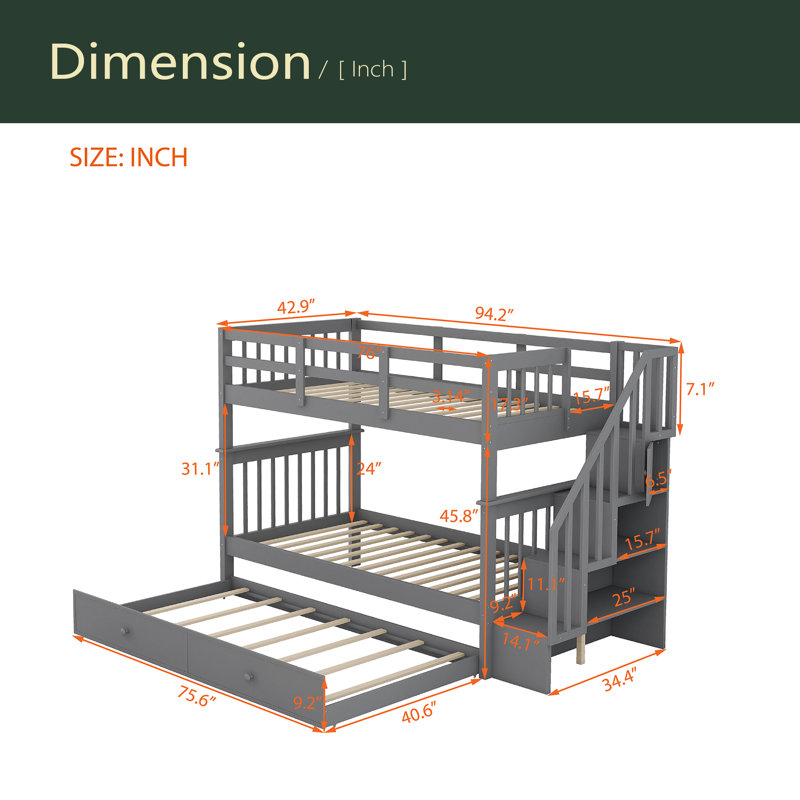 Stairway Twin-Over-Twin Bunk Bed With Twin Size Trundle For Bedroom, Dorm, Adults, Gray