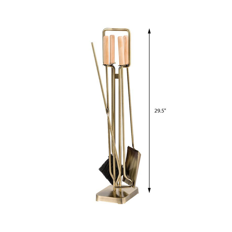Modern Aged Brass and Maple 5-Piece Fireplace Tool Set