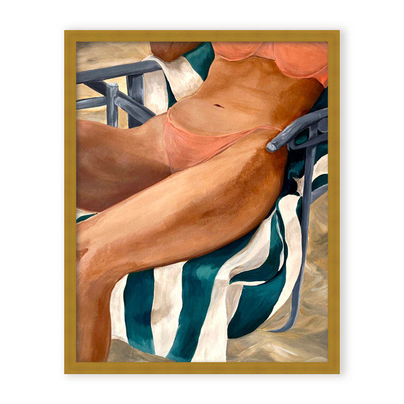 Coastal Retreat Riviera Retreat: Woman Lounging On Beach Towel And Chair, 40" H x 30" W x 1.125" D, White, Framed Print