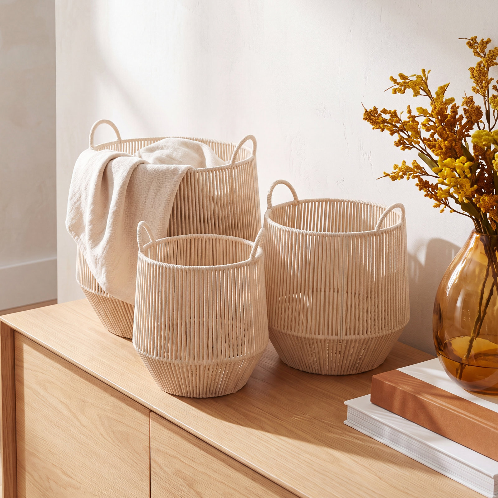 Handmade Bamboo Basket - Set of 3, 17.7" H x 15.75" W x 16.25" D