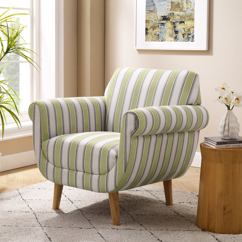 29.92" Coastal Linen Striped Fabric Upholstered Accent Chair, Armchair With Stripe Pattern, Lime Green Striped Linen