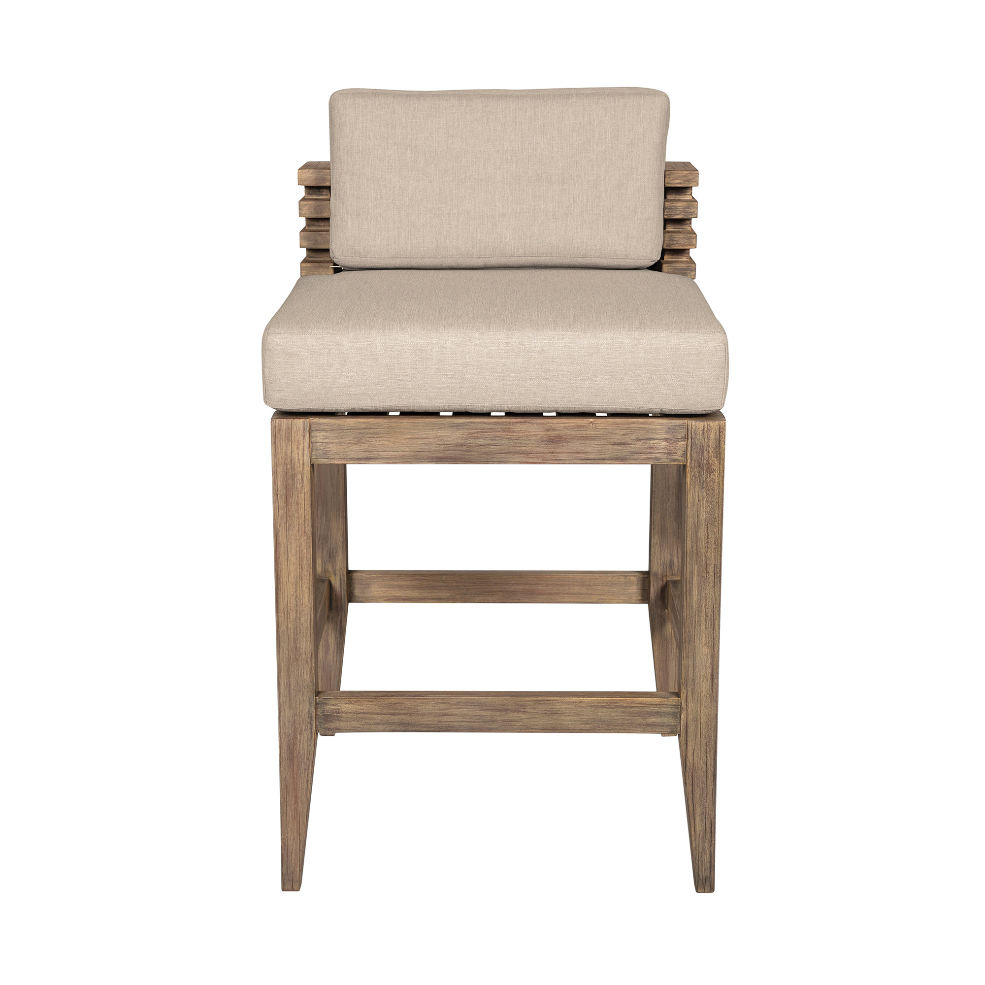 Aerilyn Wood Outdoor Bar Stool with Cushion, 30" H, Taupe Performance, Light Brown