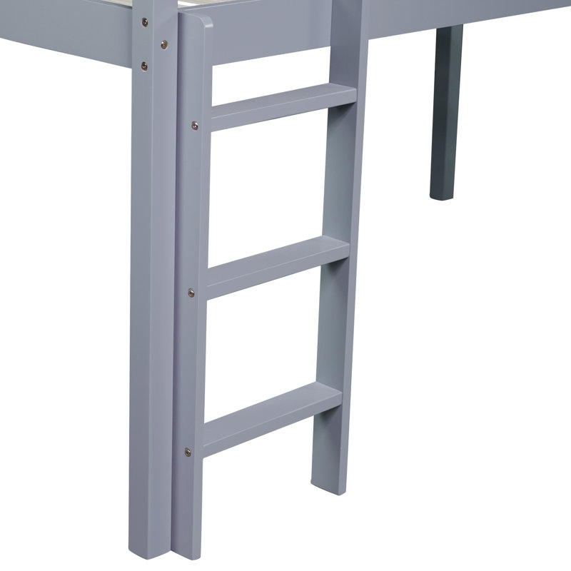 Twin Size Low Loft Bed with Slide and Guardrails for Kids, Wood Loft Bed with Under Storage and Safety Rails for Sleep and Play Area, Minimalist and Easy Assembly, Grey