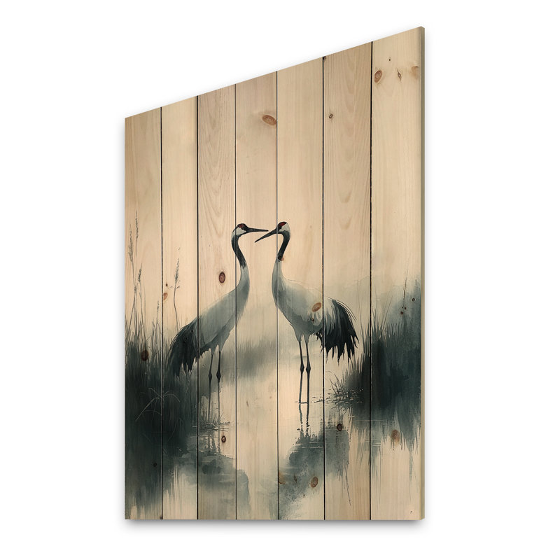 Cranes in the Misty Marsh II - Heron Animal, art mural sur bois de pin naturel, H 20 po x l 10 po x P 0,78 po