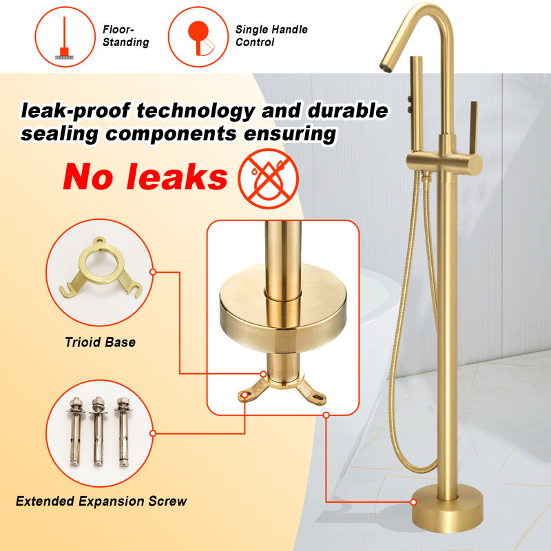 Single Handle Floor Mounted Freestanding Tub Filler with Brass Two-Function Handshower and Diverter, Brushed Brass
