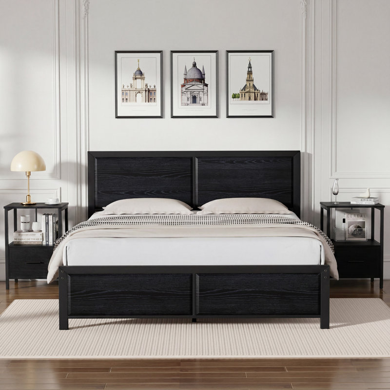 Laurea Steel 3 Piece Bedroom Set, Modern Farmhouse Platform Bed Frame with 2 Nightstands, Rustic Black Full Size Bedroom Furniture Set, No Box Spring Needed