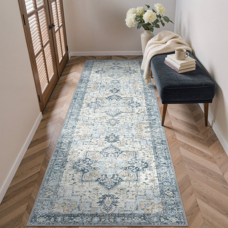 Tapis oriental performance Roehit, Tapis de couloir 2 pi 6 po x 8 pi, Bleu