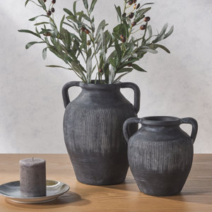 Juniour Stoneware Vase Set Of 2 (BROKEN HANDLE ON BIG VASE)