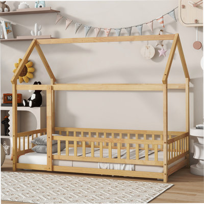 Full Size Wooden House-Shaped Floor Bed With Safety Guardrails And Natural Finish For Imaginative Play And Comfortable Sleep