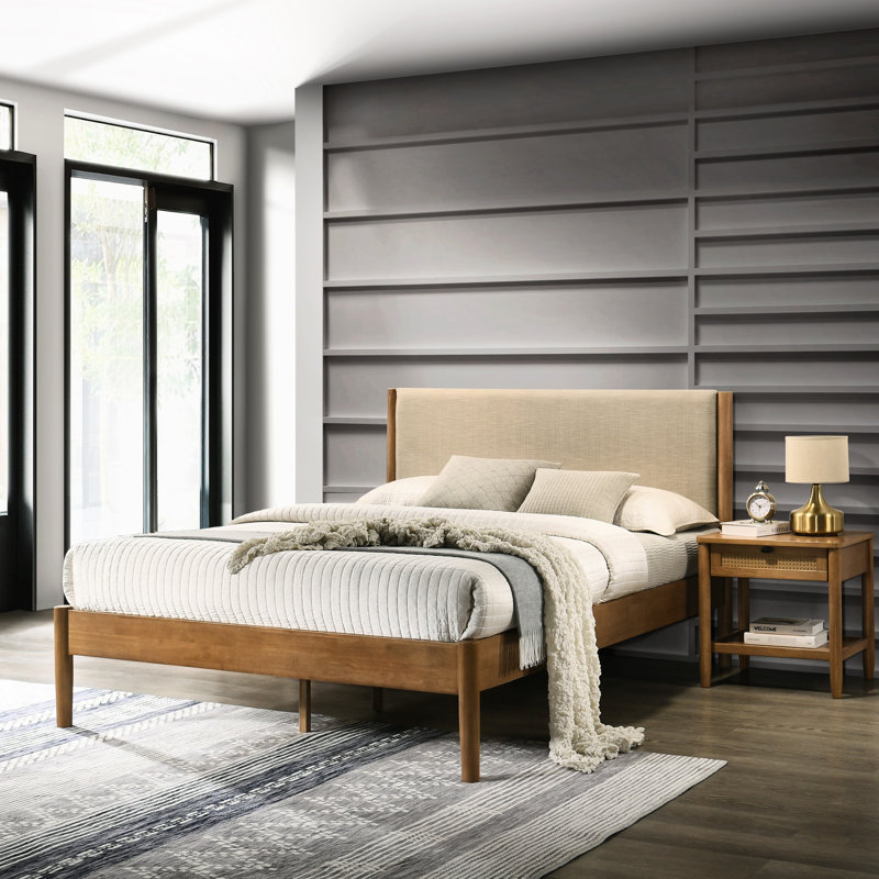 Chambre en bois d'hévéa pour grand lit, lit plateforme et table de chevet, noyer, confortable, sans sommier noyer 2, table de chevet pratique
