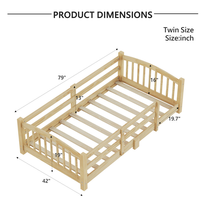 Lit bas Montessori avec rails de sécurité et tête de lit, Naturel, Simple