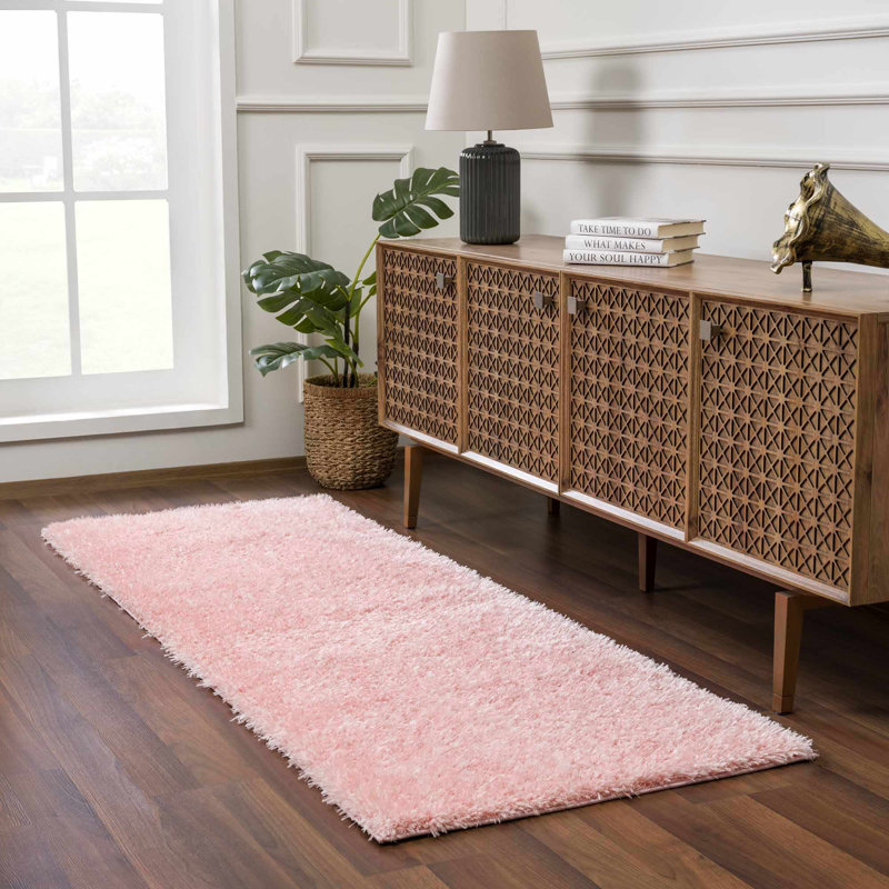 Libero Solid Shag Pink Area Rug, Runner 2'7" x 7'3"