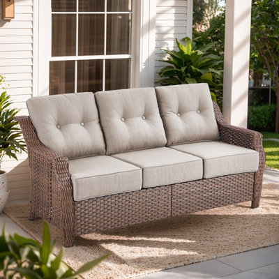 Acton 75" Outdoor Wicker Rattan Patio Sofa With 6" Thick Cushions by Lark Manor