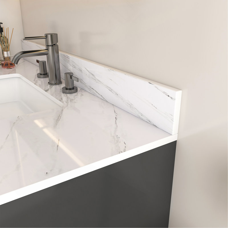 Comptoir de meuble-lavabo en marbre de 43 po, comptoir blanc avec 3 trous de robinet pré-percés, comptoir de salle de bain avec lavabo central rectangulaire encastré et dosseret de 4 po de hauteur