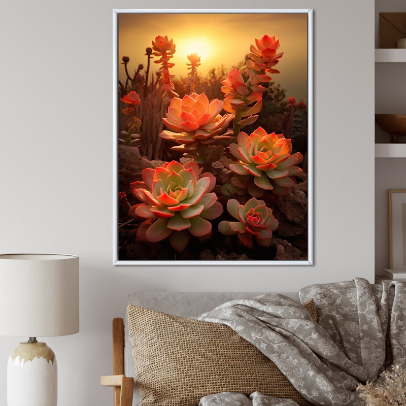 Coucher de soleil vert et rouge sur un champ de cactus, Cadre photo argenté, 44" H x 34" W