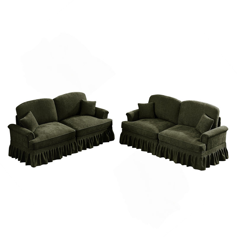 Classic 2 Piece Modular Couch Set With Flared Arms, Removable Ruffles Pleats Skirts, And Spindle Legs For Elegant Living Room Seating