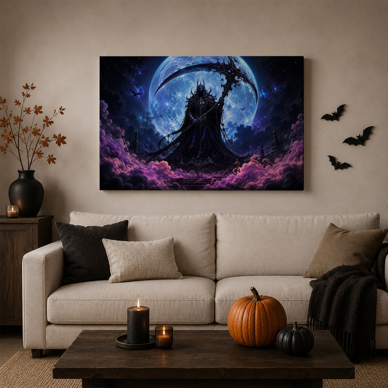 Personnage sombre en armure avec une faux sous une grande toile bleue d'Halloween, H 20 po x l 30 po