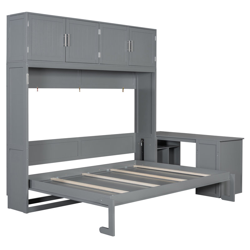 Queen Size Wall Murphy Bed with Desk and Storage Shelves and Big Cabinets, Grey
