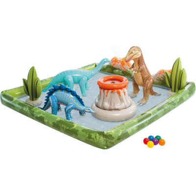 Jurassic Adventure Inflatable Kiddie Pool With Water Sprayer, Slide & Dinosaurs -  Ages 2+