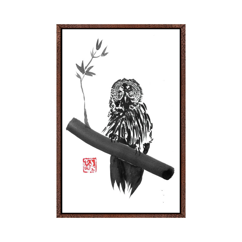 Owl by Péchane - Painting on Canvas, 66.04 cm H x 45.72 cm W, Classic Brown Wood Framed