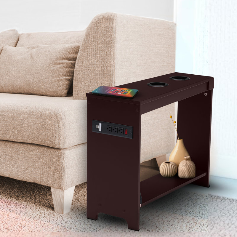 Keymia End Table with USB Ports & Outlets, Wooden Side Table for Bedrooms, Modern End Table, Cherry
