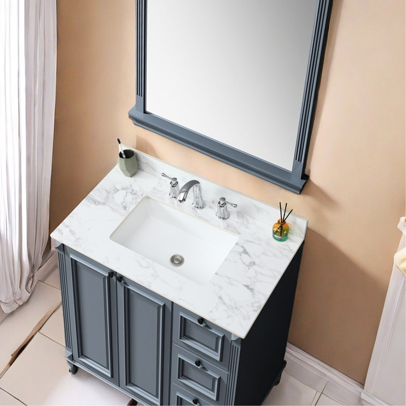 Meuble-lavabo de 37 po x 22 po en pierre frittée - lavabo en céramique blanc, comptoir, rehausse l'apparence et s'adapte aux comptoirs de salle de bain standard avec évier et 3 trous de robinet