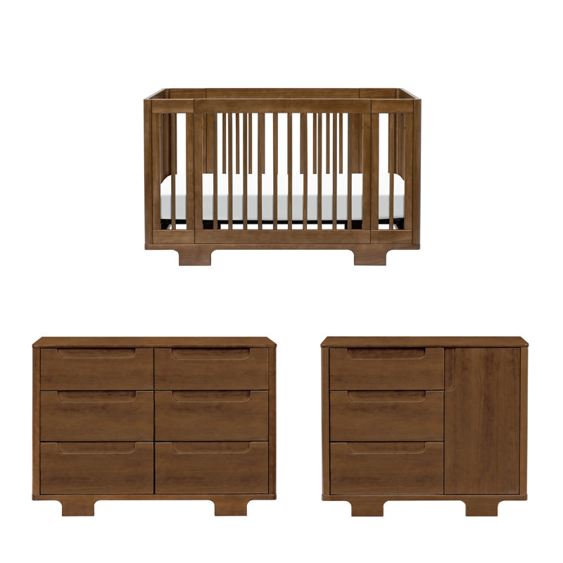 Yuzu Crib, 3 Drawer And 6 Drawer Dresser Set, Natural Walnut