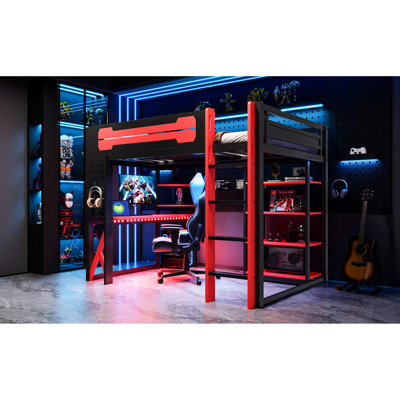 Full Size Loft Bed Featuring Desk, Shelves, , And /Type - C Ports In Black + Red For A Bedroom Revamp Transformation Project