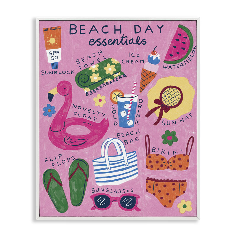  «Beach Day Essentials», estampe numérique par Lisa Barlow, H 14 po x l 11 po, Estampe numérique encadrée blanc bord de mer