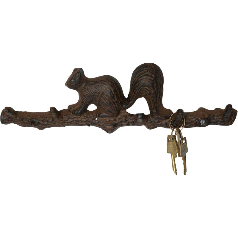 Rustic Cast Iron Playful Squirrel Perching On Tree Branch 4-Peg Wall Hooks Décor