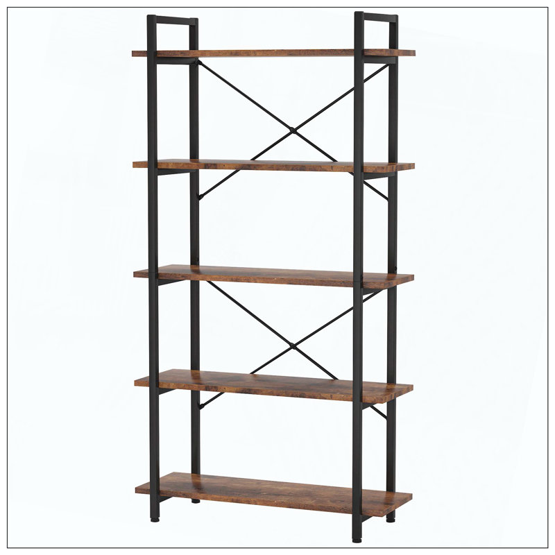5-Tier Industrial Metal Bookshelf Unit Rustic Brown