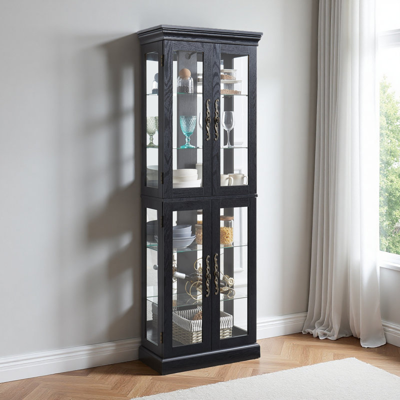 Elegant Lighted Glass Curio Display Cabinet - Wooden Frame Storage For Living Room, Kitchen & Pantry - Includes Light Bulb