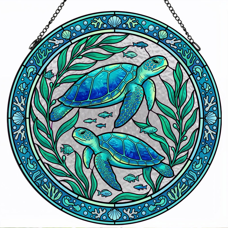 Panneau de vitrail de tortue de mer ， H 12 po, H 12 po