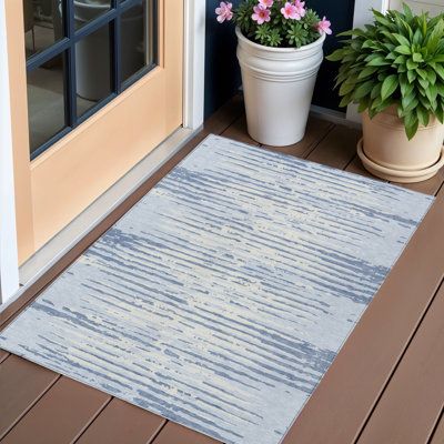 Tapis extérieur lavable rayé bleu ciel et ivoire 3 pi x 5 pi