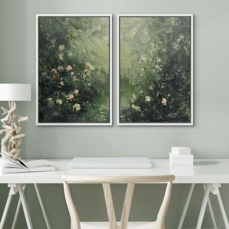 «Abstract Garden Floral Lush», 2 pièces sur toile, Cadre blanc, H 24 po x l 16 po